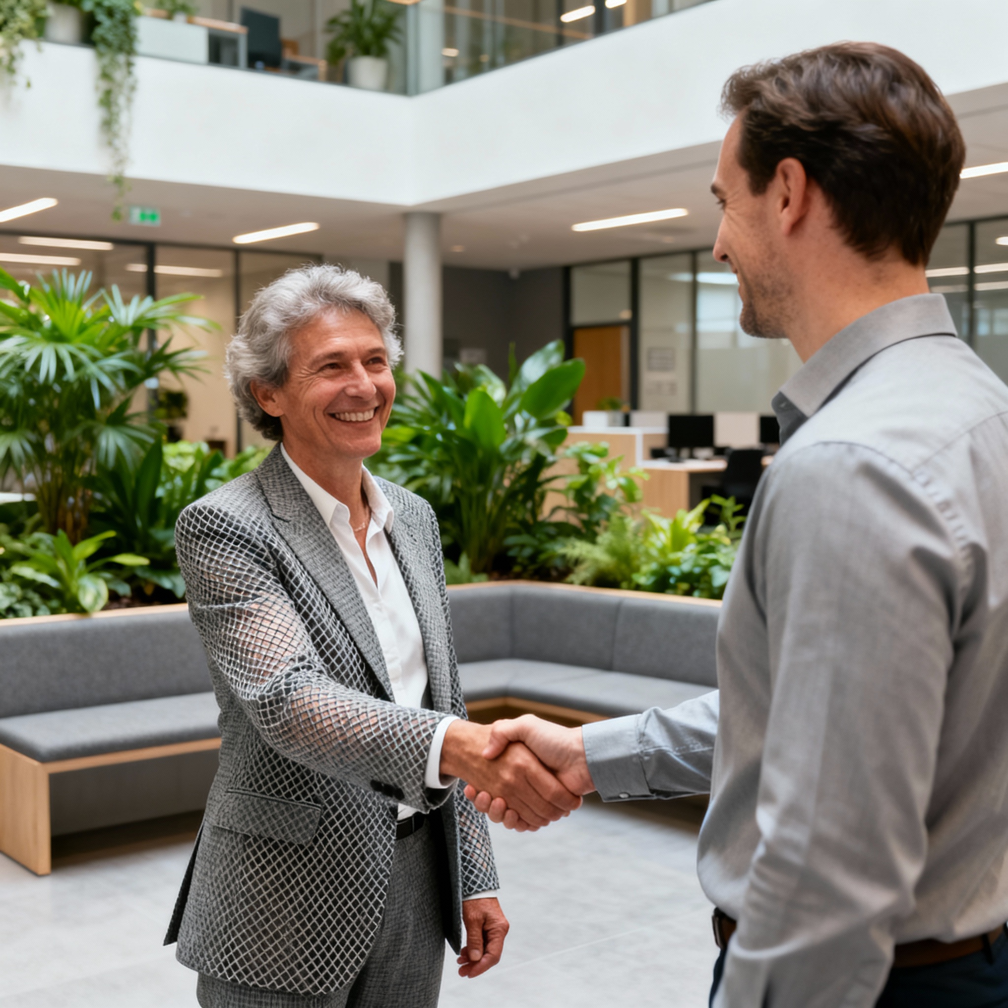 Twee personen schudden elkaar de hand in een kantoorpand. 